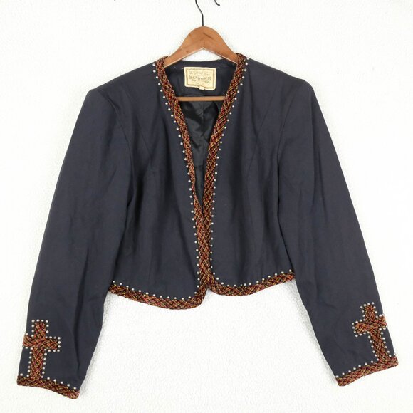 Double D Ranch Blazer Womens Large Black Cropped Western Embroidered Cross Open - Picture 1 of 9
